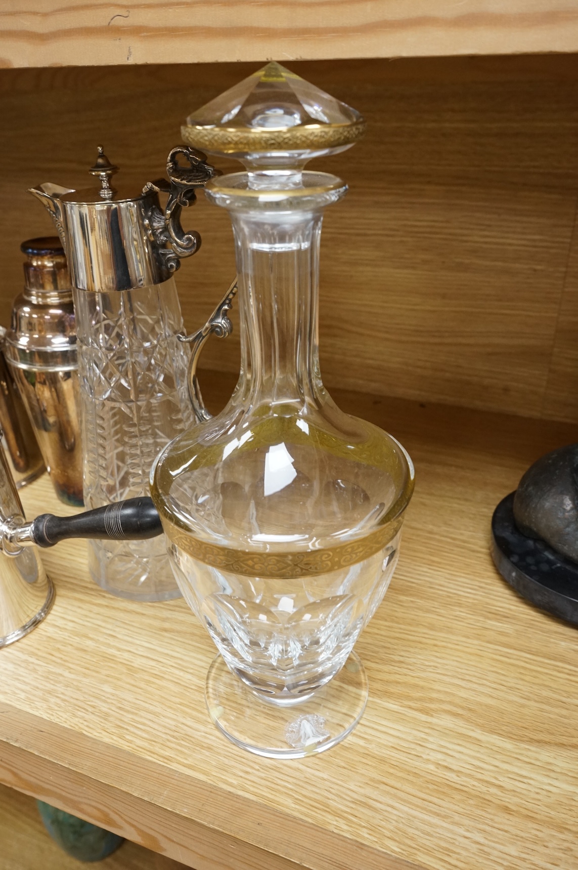 A Moser crystal glass decanter and stopper with gilt decoration and selection of plated items, largest 32cm high